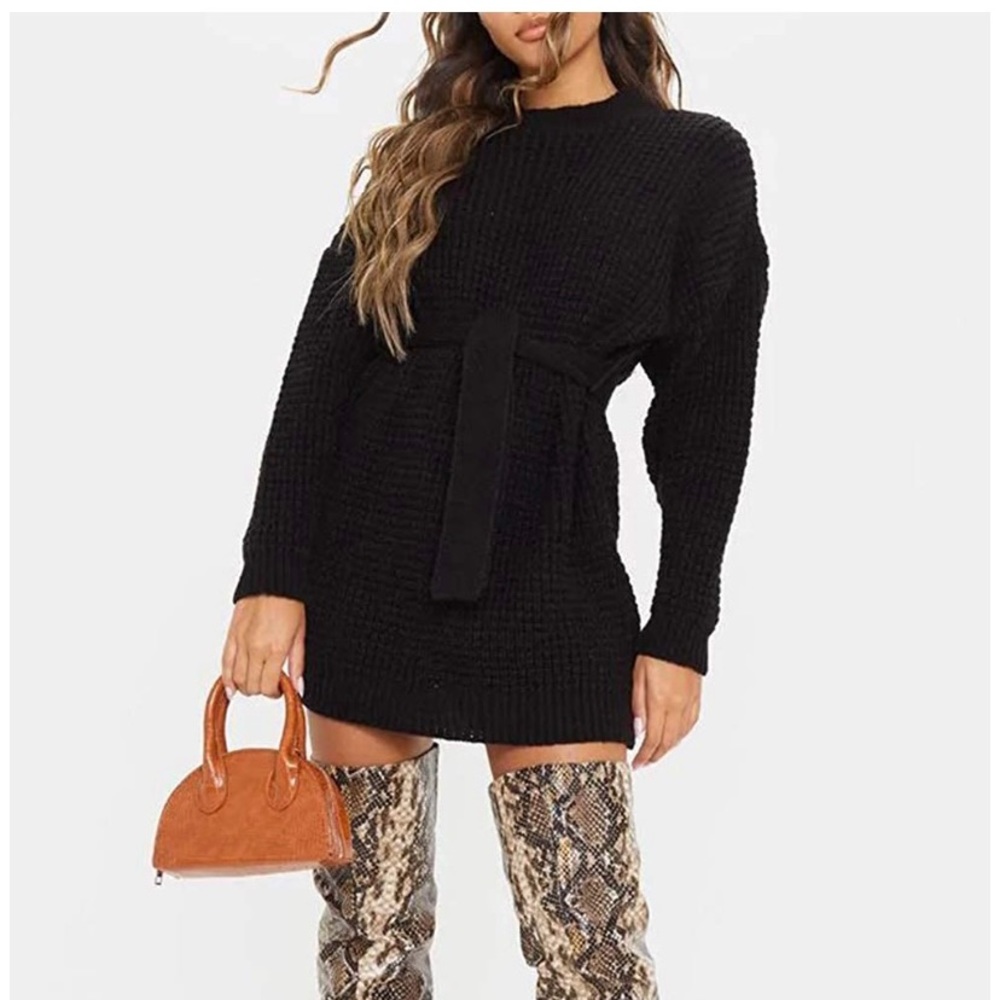 Long Sleeve Waffle Knitted Tie Wasit Tunic Dress